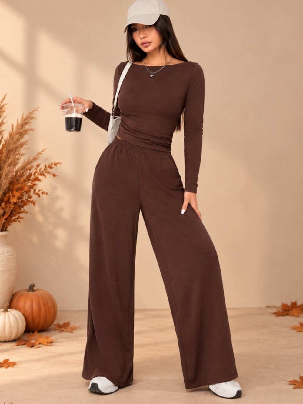 Petite Chocolate Brown Two Piece Lounge Set Wide Leg Pants L